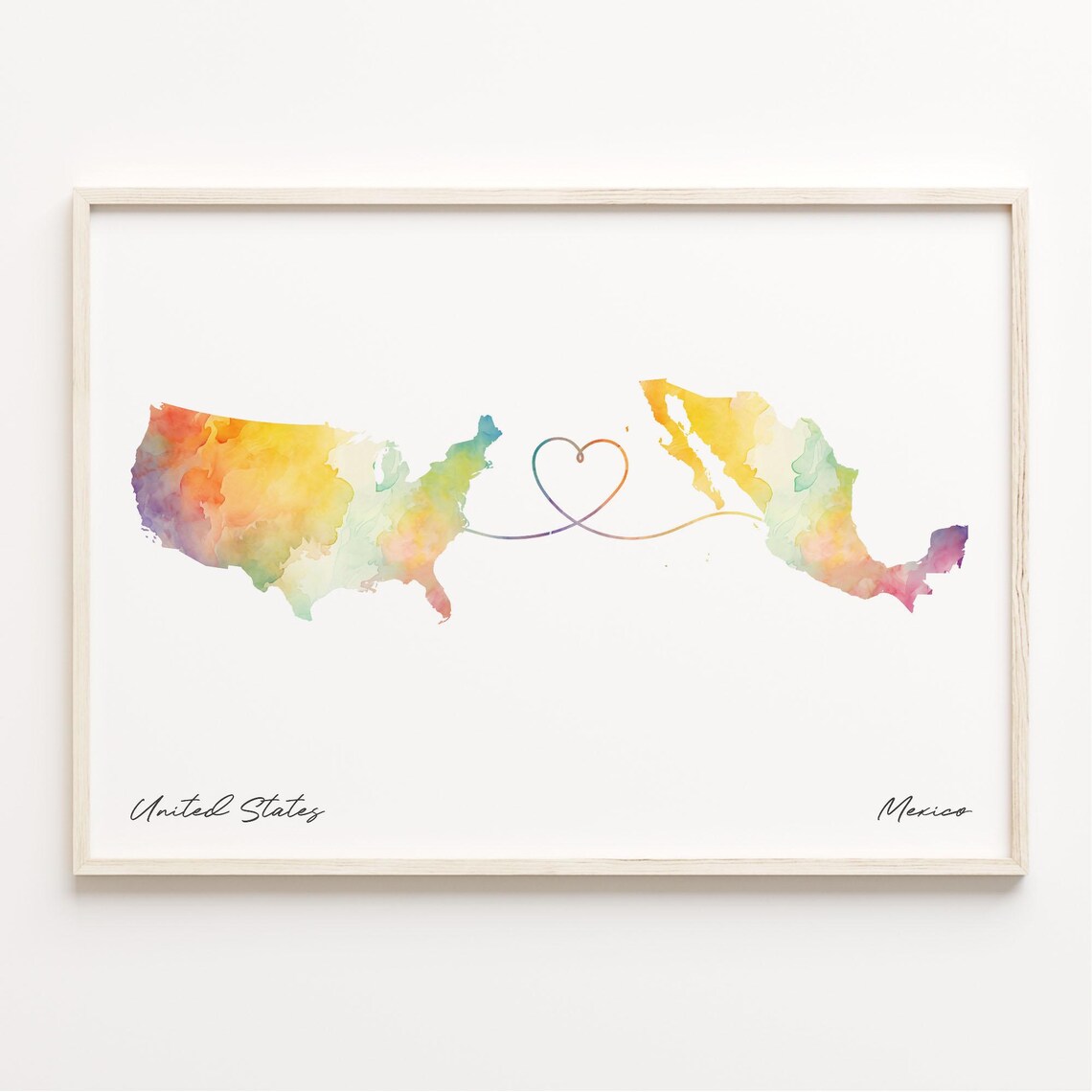 United States To Mexico Watercolor Map Wall Poster With Heart Love Gift