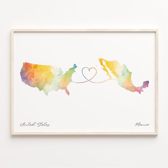 United States To Mexico Watercolor Map Wall Poster With Heart Love Gift