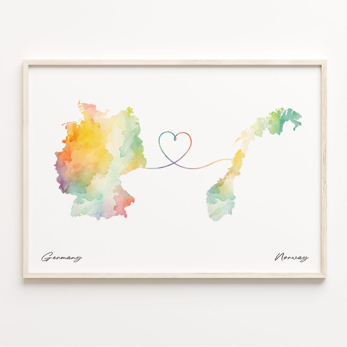 Germany to Norway Watercolor Map Poster with Heart Connection