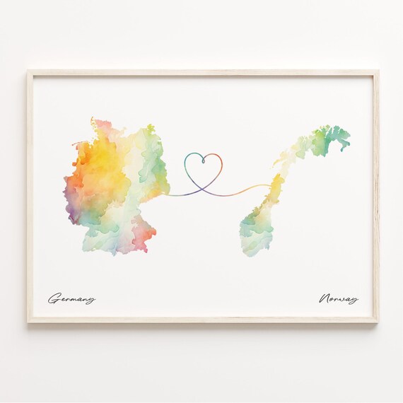 Germany to Norway Watercolor Map Poster with Heart Connection