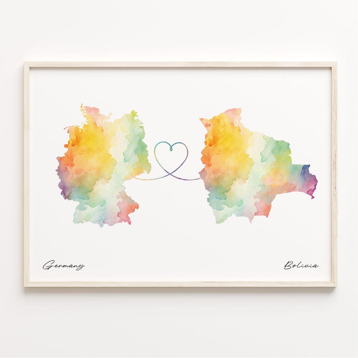 Germany Bolivia Watercolor Heart Map Long Distance Love Gift Wall Art