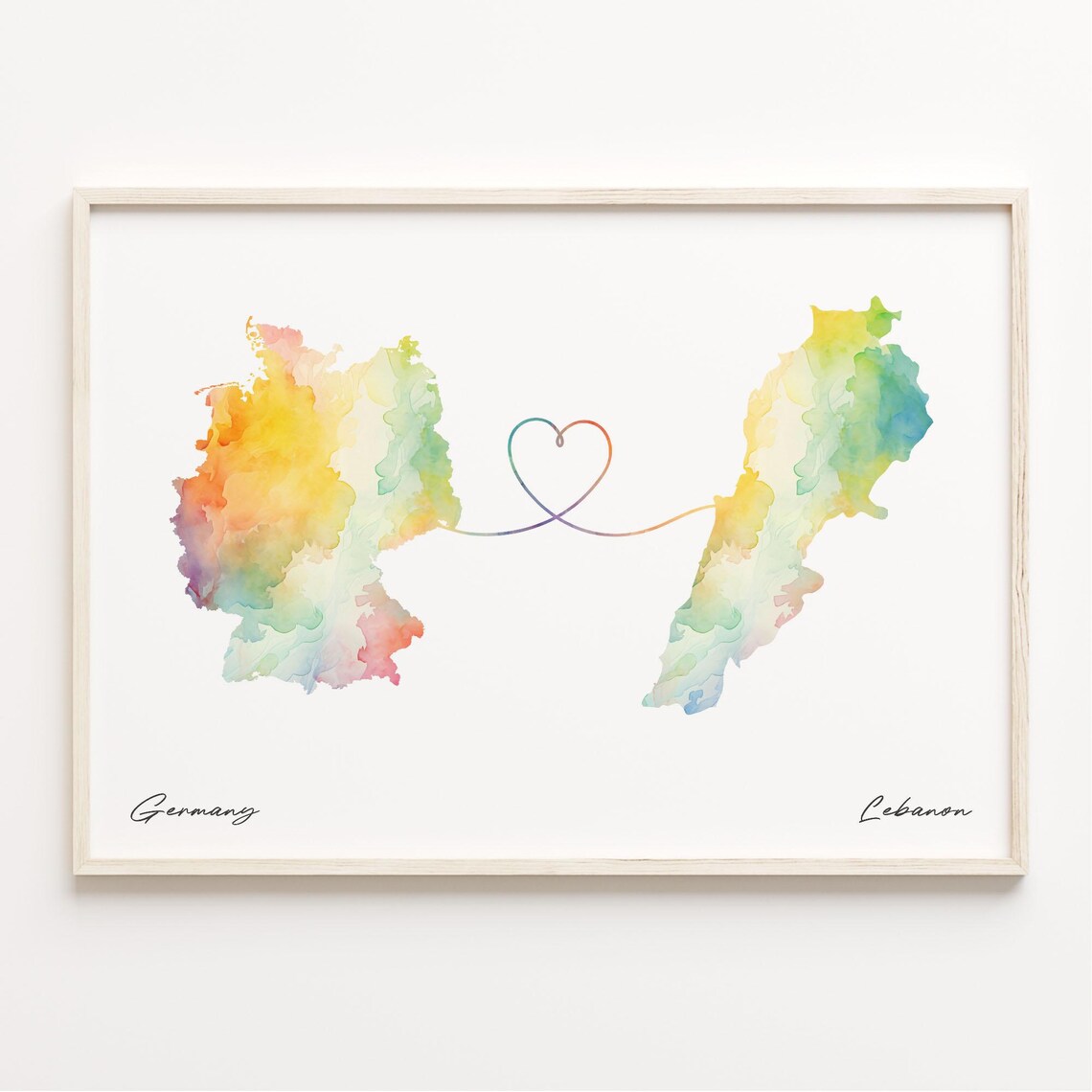 Germany To Lebanon Watercolor Heart Map Love Connection Poster