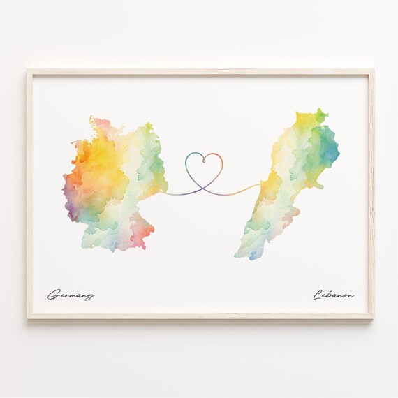 Germany To Lebanon Watercolor Heart Map Love Connection Poster