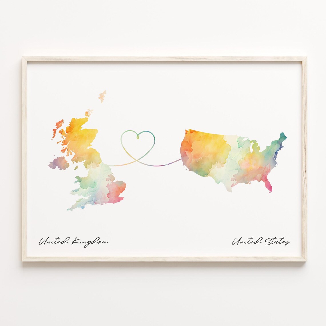 United Kingdom To United States Heart Watercolor Map Travel Gift Poster