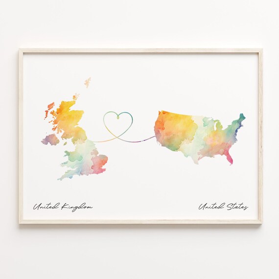 United Kingdom To United States Heart Watercolor Map Travel Gift Poster