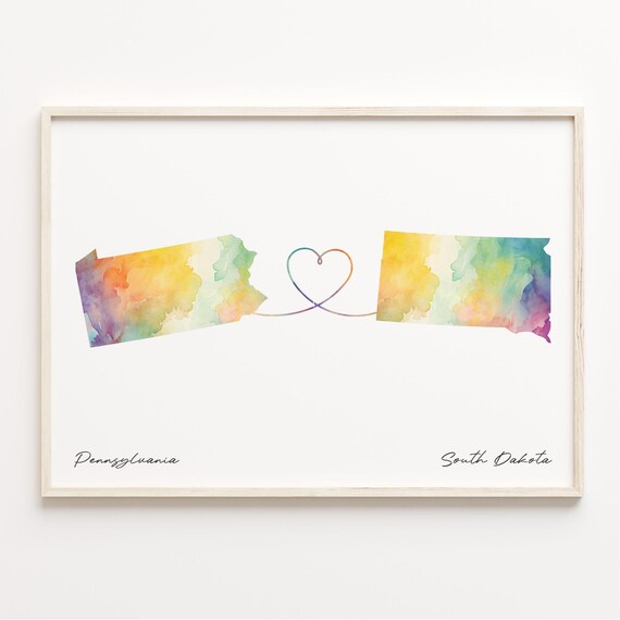 Pennsylvania to South Dakota Watercolor Map Long Distance Love Poster