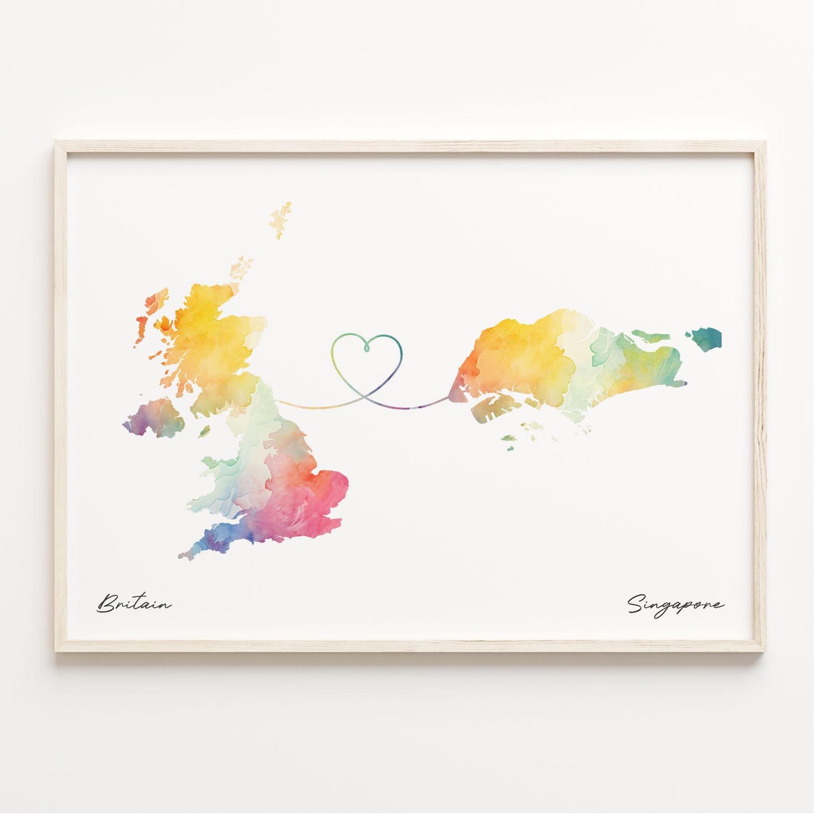 Britain to Singapore Watercolor State Map Heart Connection Print