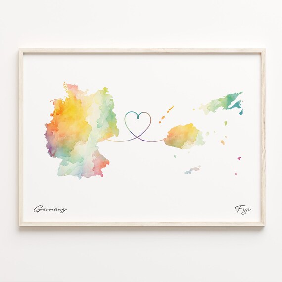 Germany to Fiji Watercolor Map Heart Long Distance Connection Poster