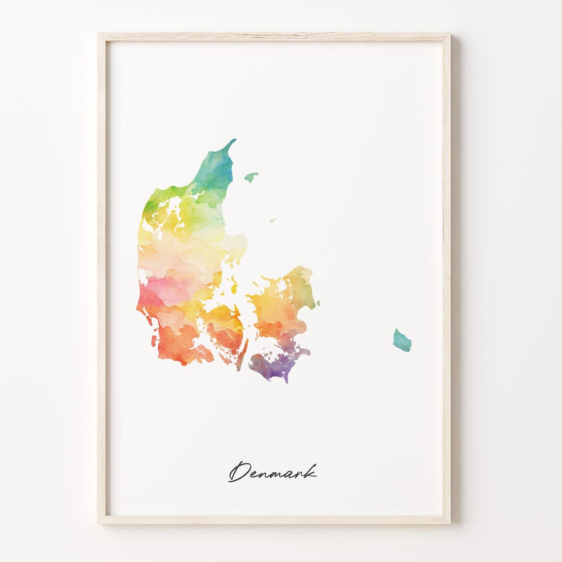 Denmark Rainbow Watercolor Country Map Poster for Traveler Gift Wall