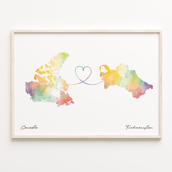Canada to Turkmenistan Watercolor Map Heart Connection Art Poster