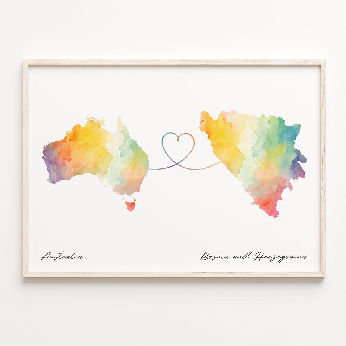 Australia To Bosnia And Herzegovina Print Watercolor Map Poster Bolivian Gift Travel Wall Art Faraway Love C23818