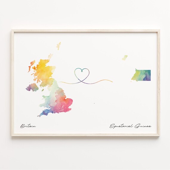 Britain to Equatorial Guinea Watercolor Heart Map Love Print