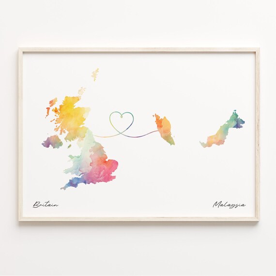 Britain to Malaysia Watercolor Heart Map Long Distance Love Poster