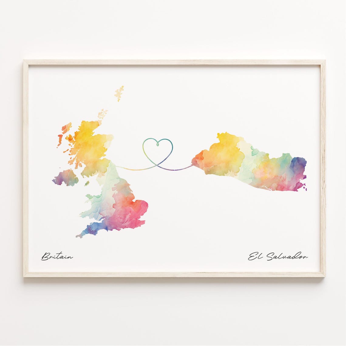 Britain To El Salvador Watercolor Map Heart Connection Gift Poster