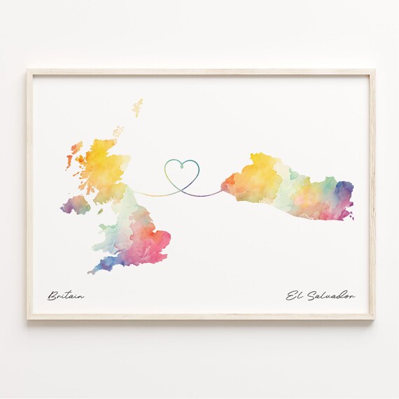 Britain To El Salvador Watercolor Map Heart Connection Gift Poster