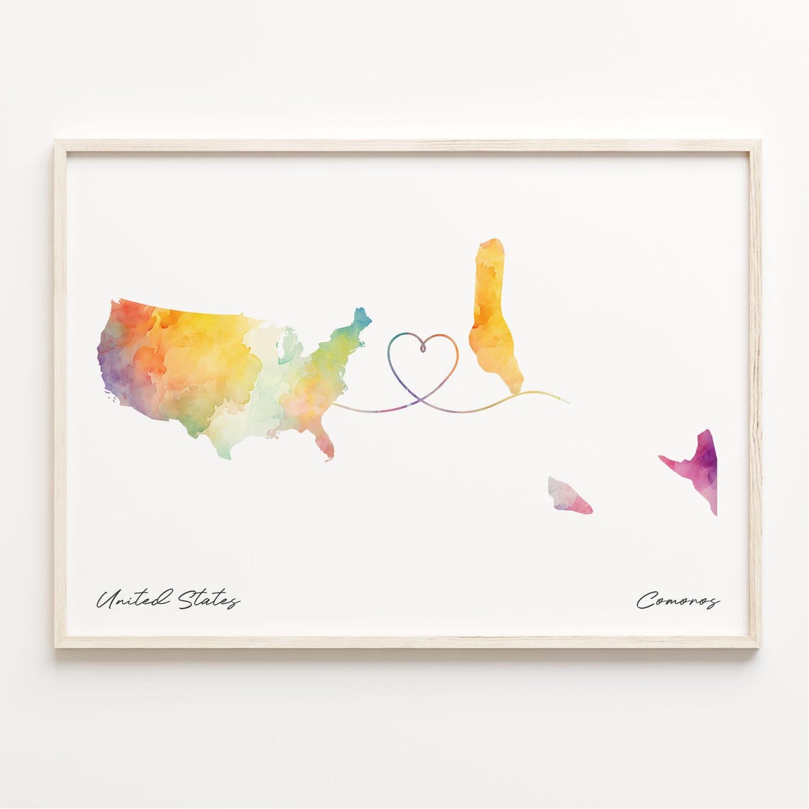 United States to Comoros Watercolor Map Heart Connection Poster