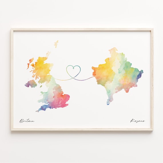 Britain To Kosovo Watercolor Map Heart Connection Love Art Print