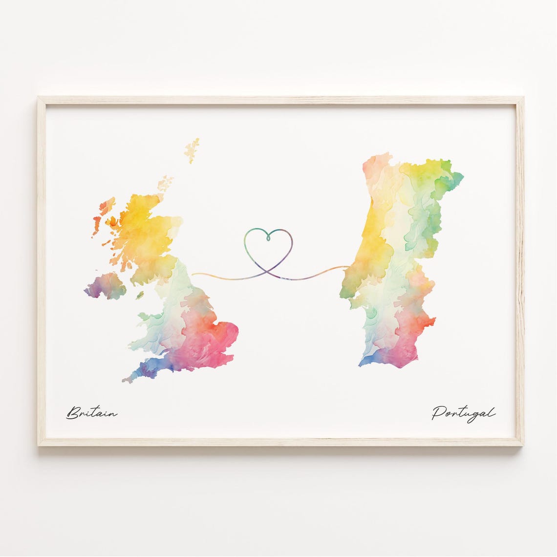 Britain To Portugal Watercolor Map Heart International Gift Poster