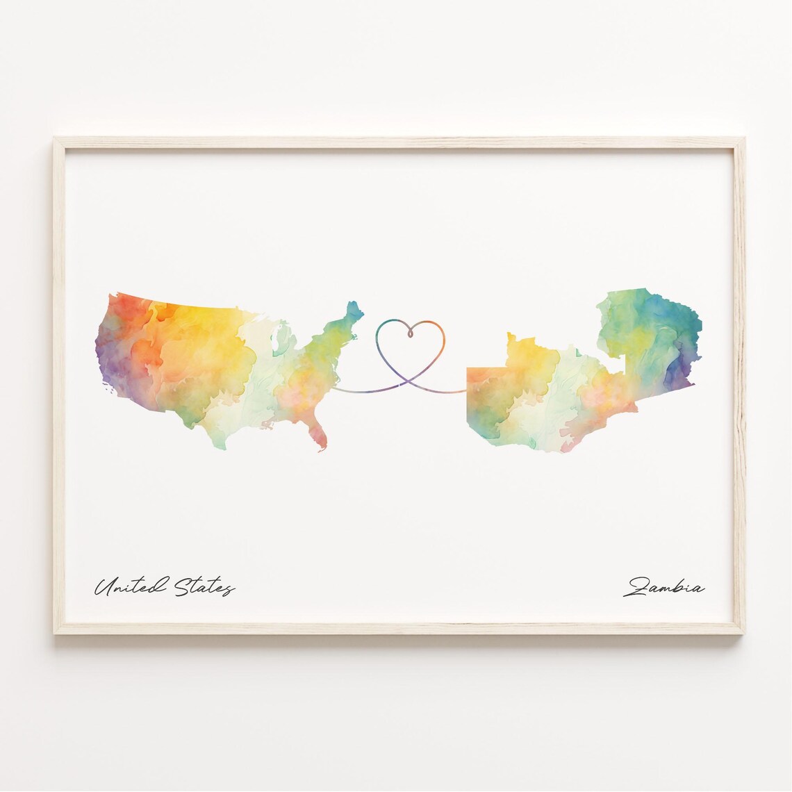 Us To Zambia Watercolor Map Poster, Travel Print