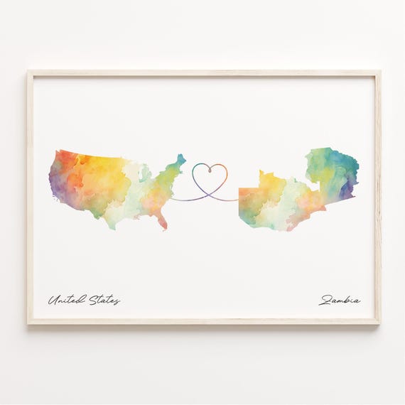 Us To Zambia Watercolor Map Poster, Travel Print