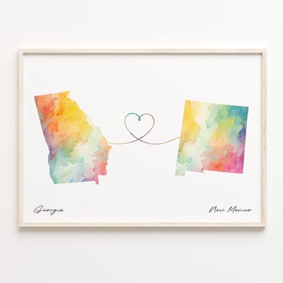 Georgia to New Mexico Watercolor State Map Heart Long Distance Love Print