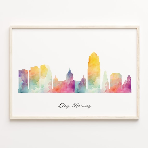 Des Moines Iowa Colorful Watercolor Skyline Cityscape Poster