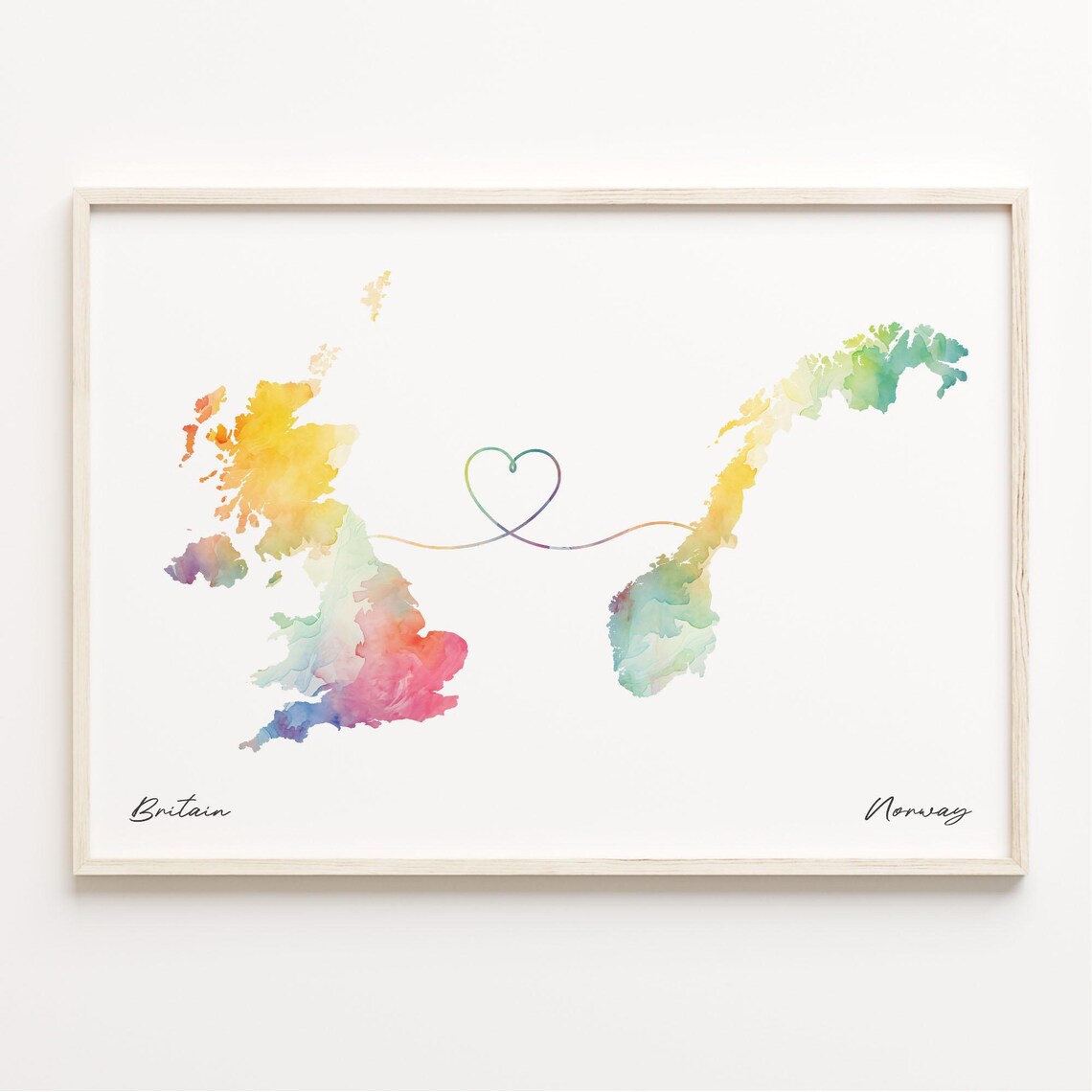 Britain to Norway Watercolor Heart Connection World Map Art Print