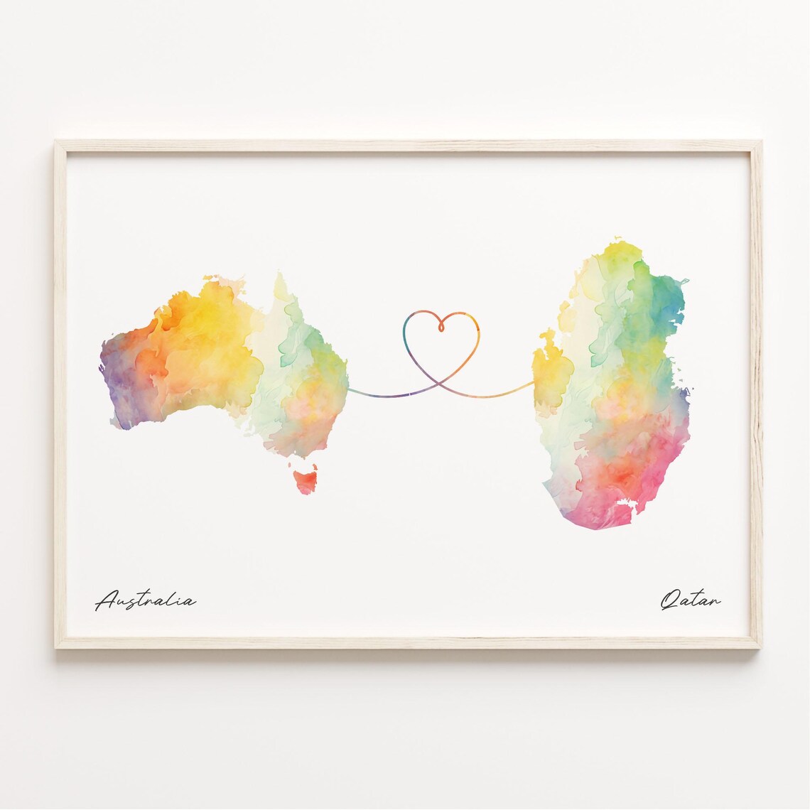 Australia To Qatar Watercolor Heart Map Long Distance Love Art Print