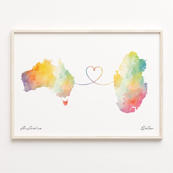 Australia To Qatar Watercolor Heart Map Long Distance Love Art Print
