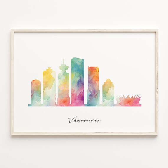 Vancouver Canada Watercolor Skyline Poster in Bright Pastel Hues