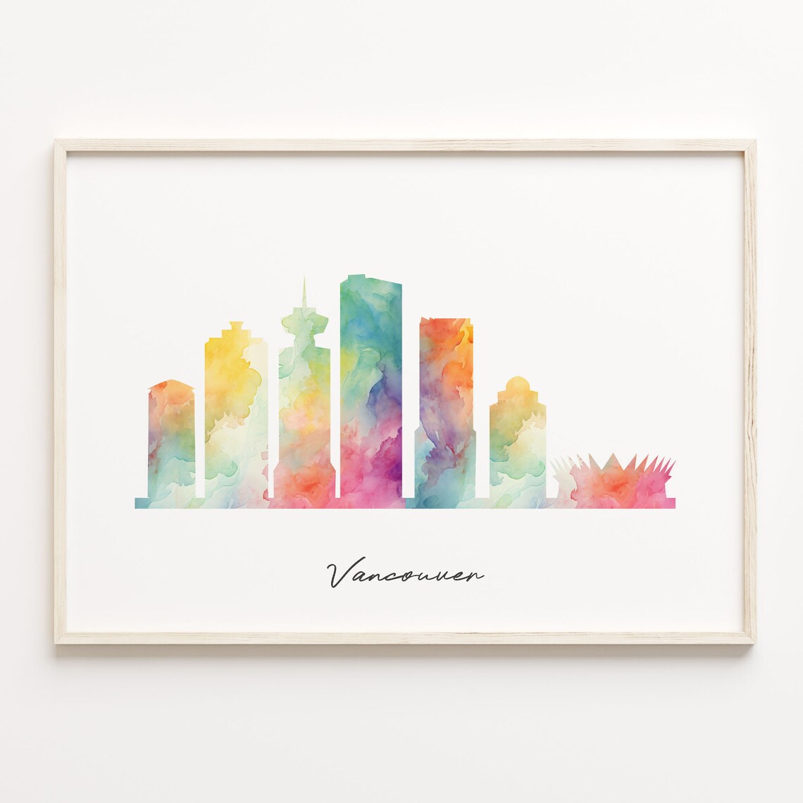 Vancouver Canada Watercolor Skyline Poster in Bright Pastel Hues