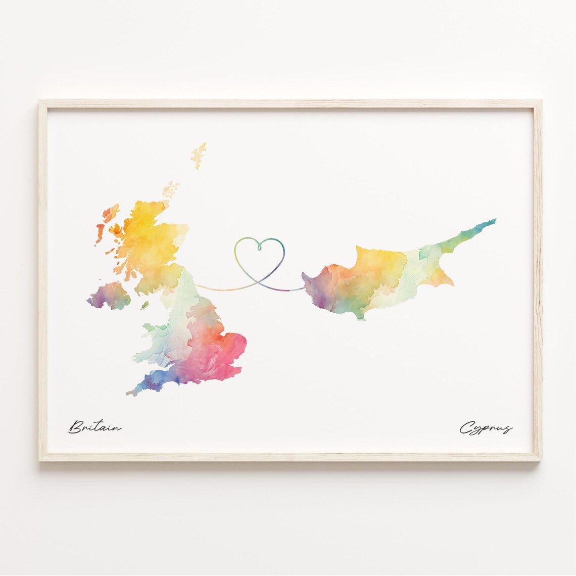 UK To Cyprus Watercolor Map Poster, Travel Art Print