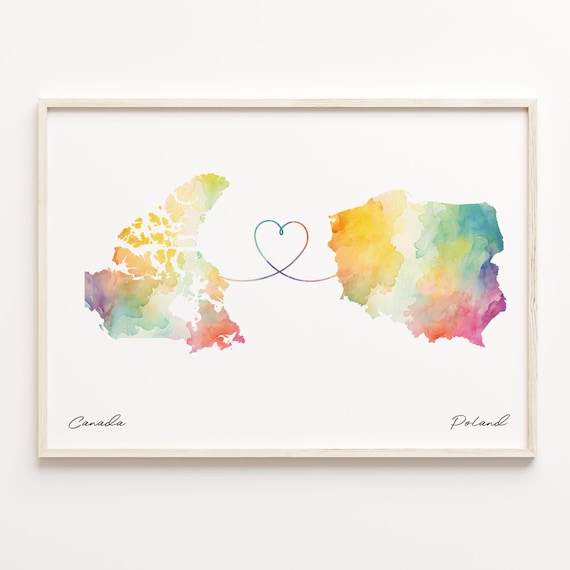 Canada to Poland Watercolor Map Heart Long Distance Love Poster