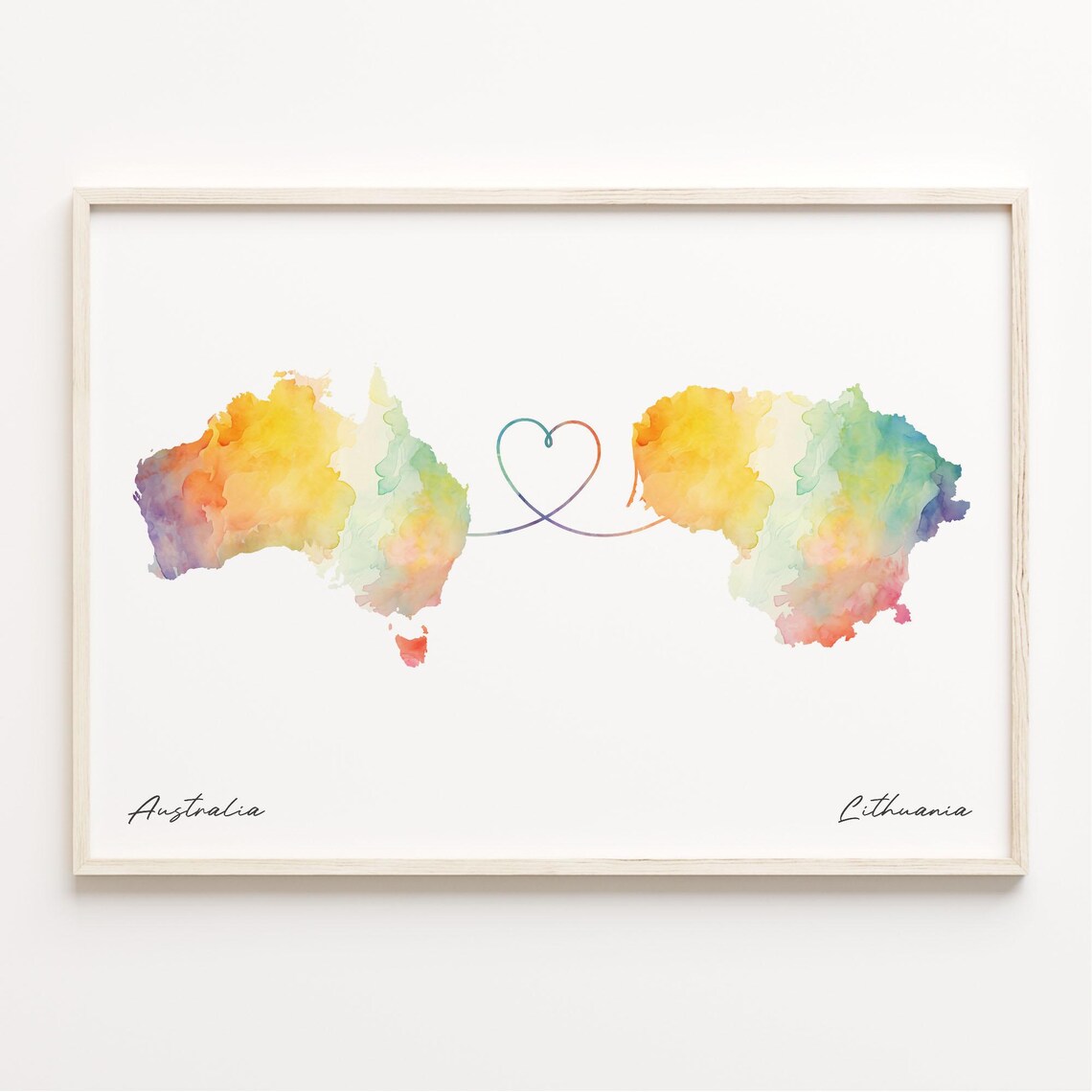 Australia To Lithuania Watercolor Map Heart Long Distance Love Poster