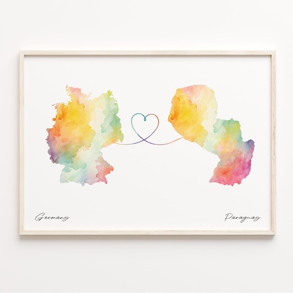Germany to Paraguay Heart Line Watercolor Map Long Distance Love Print