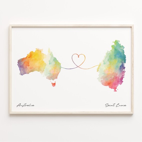 Australia To Saint Lucia Watercolor Heart Map Long Distance Love Poster