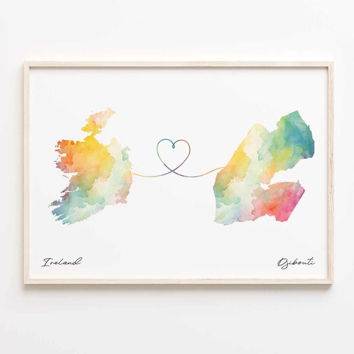 Ireland to Djibouti Watercolor Heart Map Long Distance Love Poster