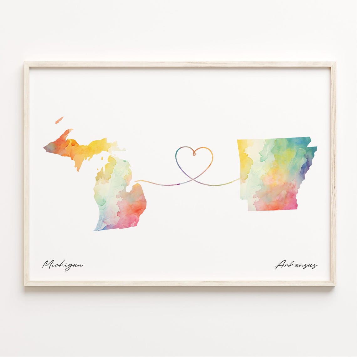 Michigan To Arkansas Watercolor Map Heart String Connection Print