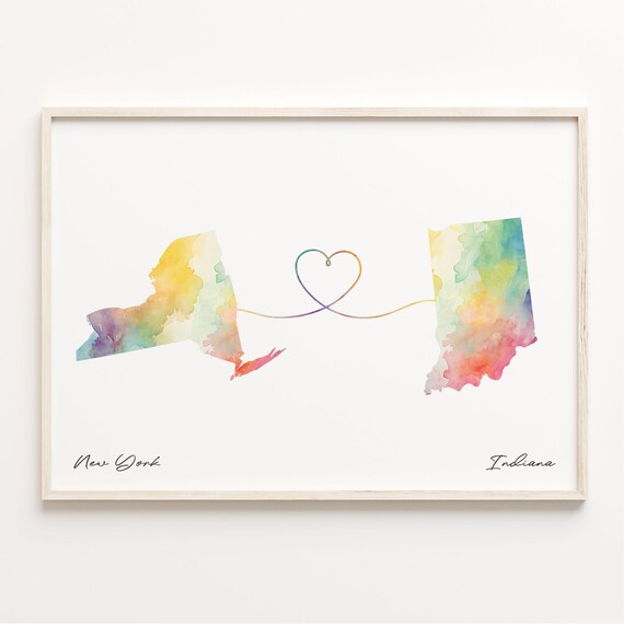 New York to Indiana Watercolor State Map Heart Love Connection Poster
