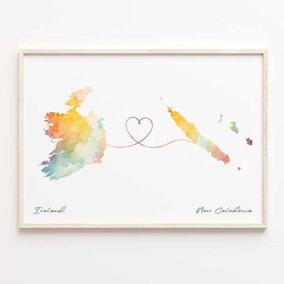 Ireland To New Caledonia Watercolor Countries Heart Map Connection Art Print