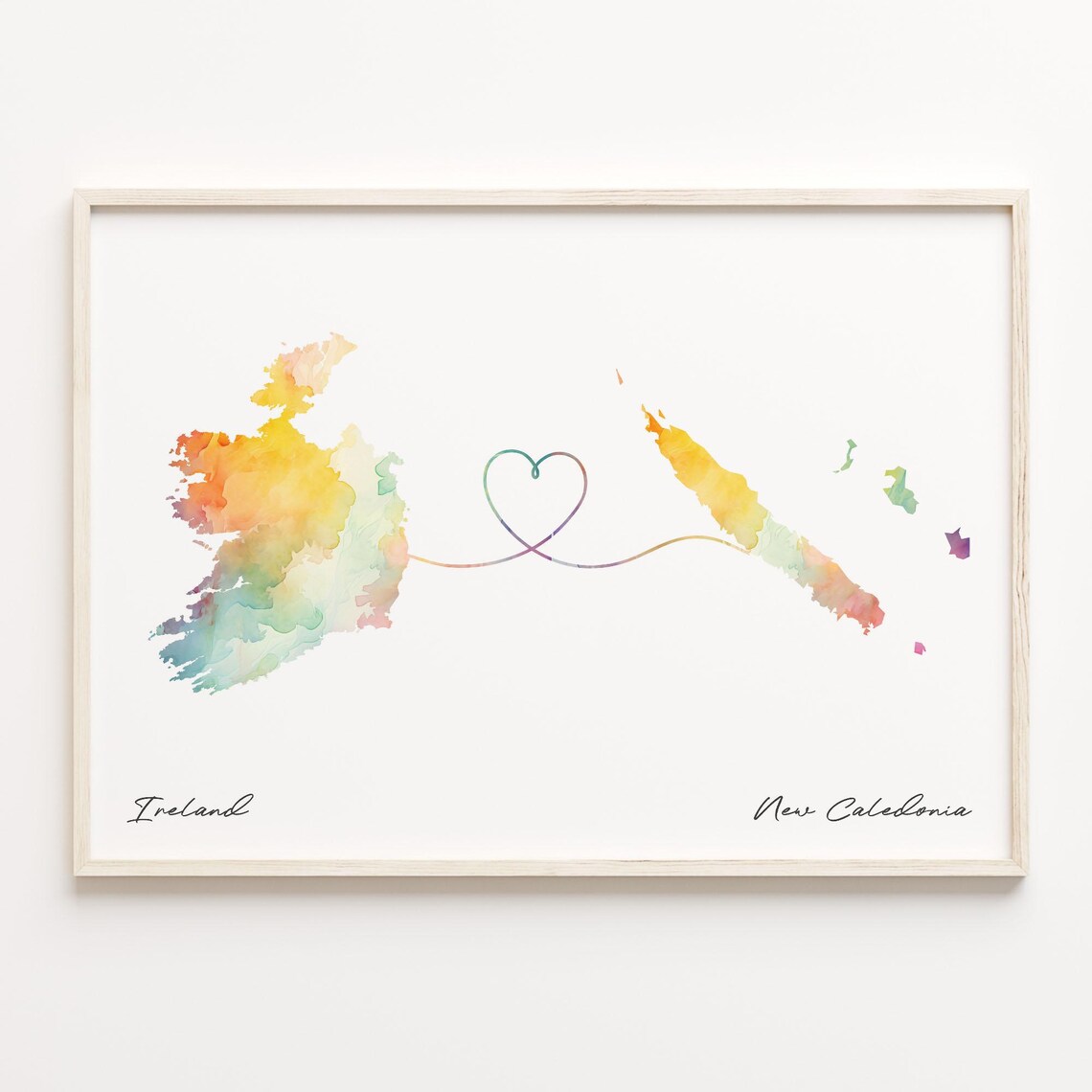 Ireland To New Caledonia Watercolor Countries Heart Map Connection Art Print