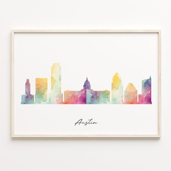 Austin Texas Colorful Watercolor Skyline Cityscape Travel Poster