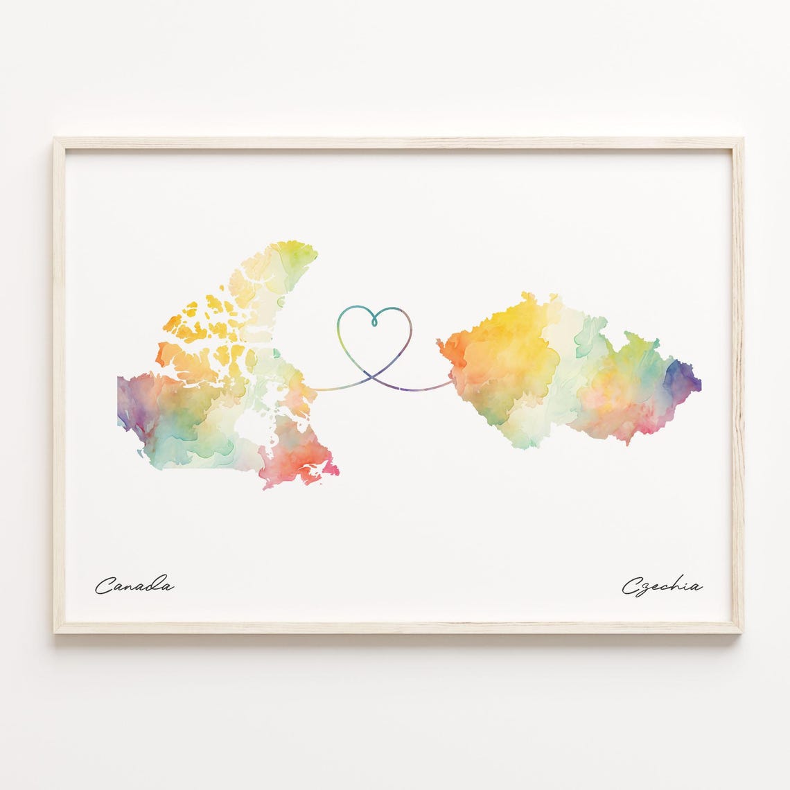 Canada Czechia Watercolor Heart Map Long Distance Love Gift Wall Art