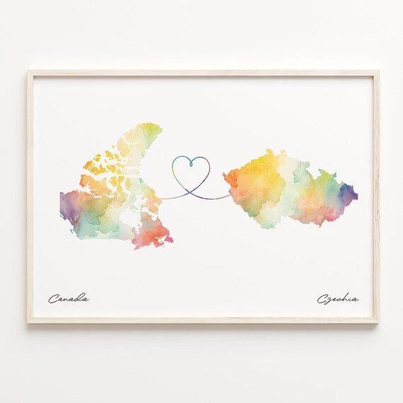 Canada Czechia Watercolor Heart Map Long Distance Love Gift Wall Art