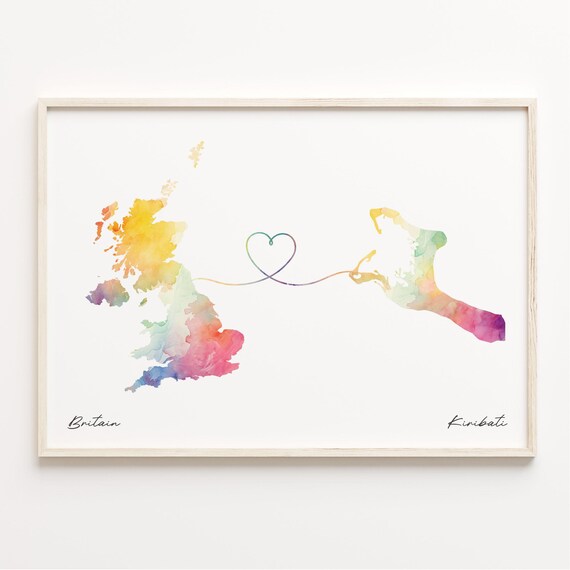Britain To Kiribati Watercolor Map Heart Connection Love Art Print
