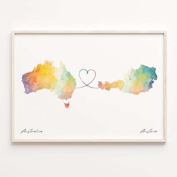Australia To Austria Romantic Watercolor Love Map Heart Poster