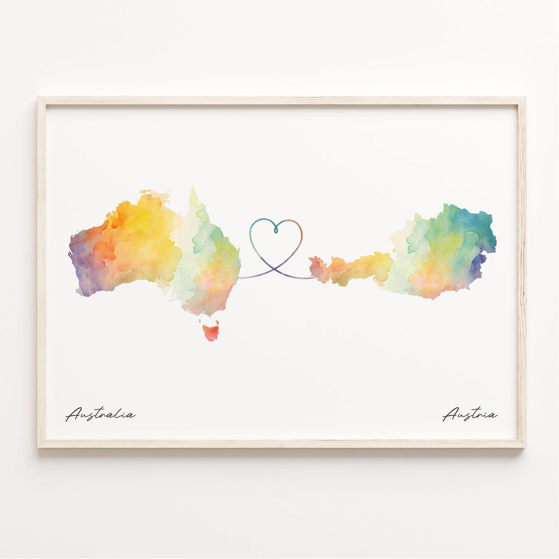 Australia To Austria Romantic Watercolor Love Map Heart Poster