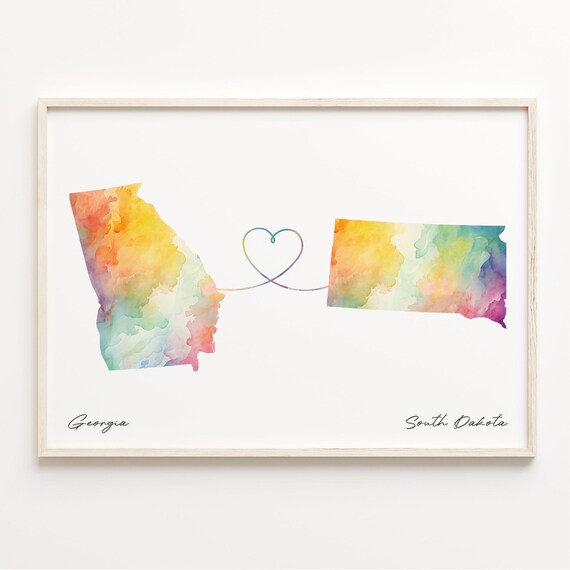Georgia To South Dakota Watercolor Map Heart Connection Long Distance Love Print