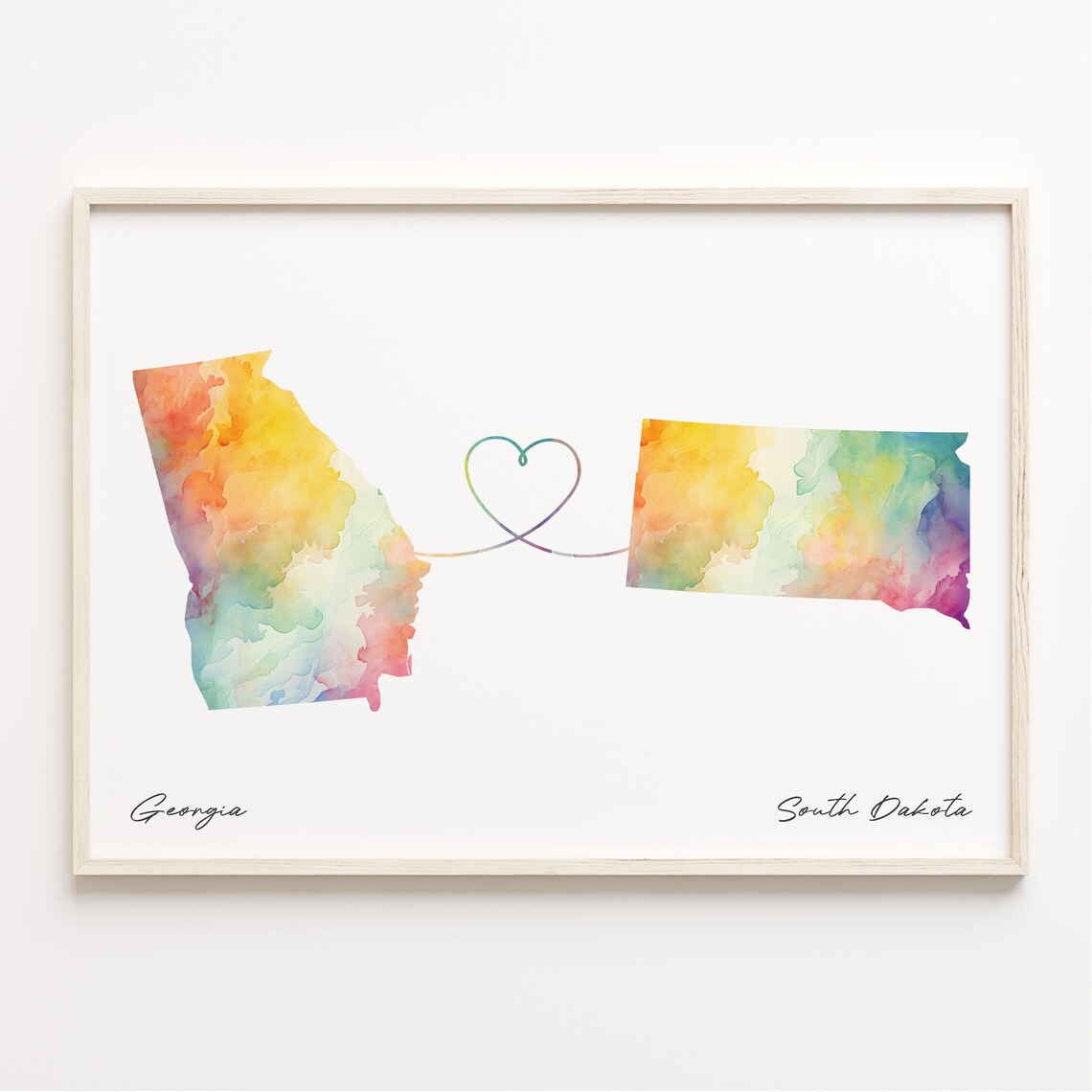 Georgia To South Dakota Watercolor Map Heart Connection Long Distance Love Print