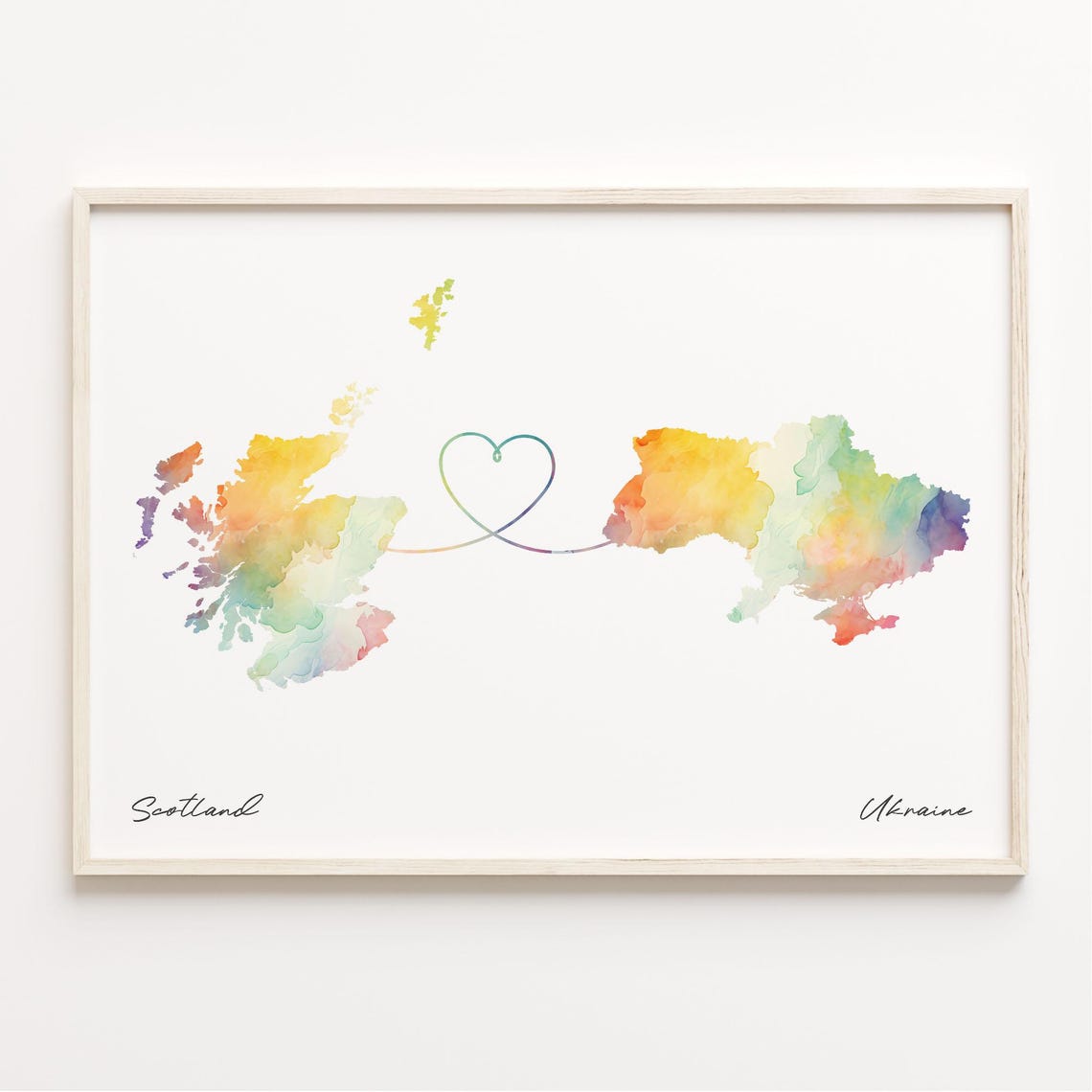 Scotland to Ukraine Watercolor Map Heart Long Distance Gift Poster